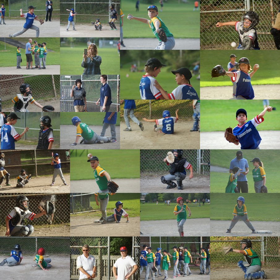 Collage pictures from the Lizzies and Mets Mosquito Division game at the Bickford Park South Diamond.
