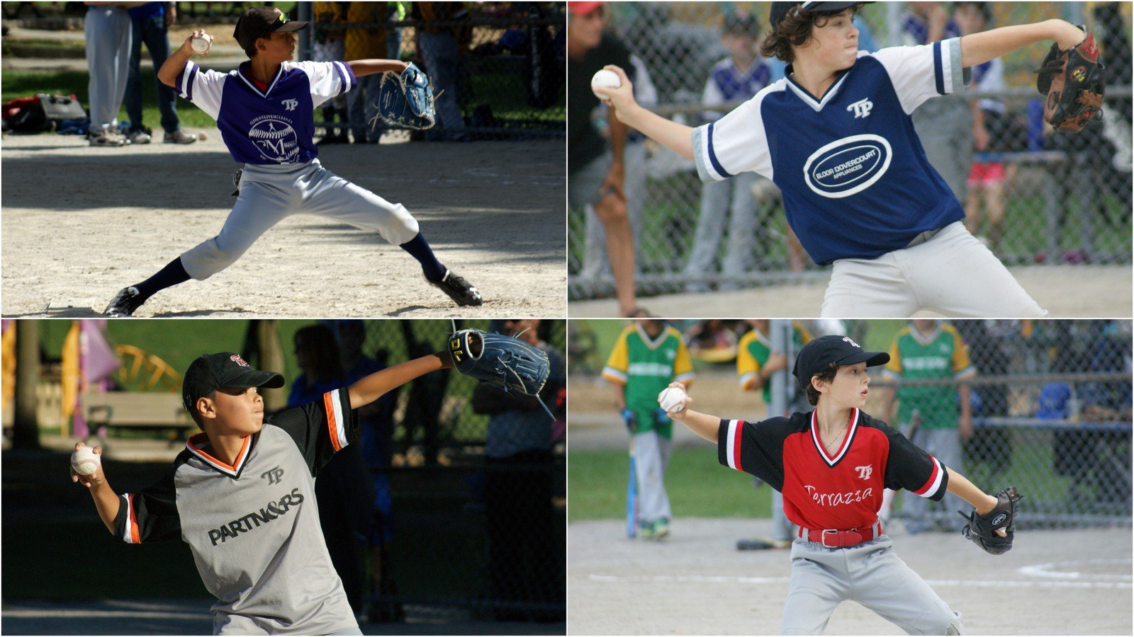 PITCHER PERFECT > Clockwise from the top left: Julius (11) of the Twins, Solly (12) of the Rays, Dante (12) of the Angels and Julien (4) of the Orioles make their pitch for postseason glory in the 2016 Toronto Playgrounds House League Baseball Mosquito Division Semi-Final Round.