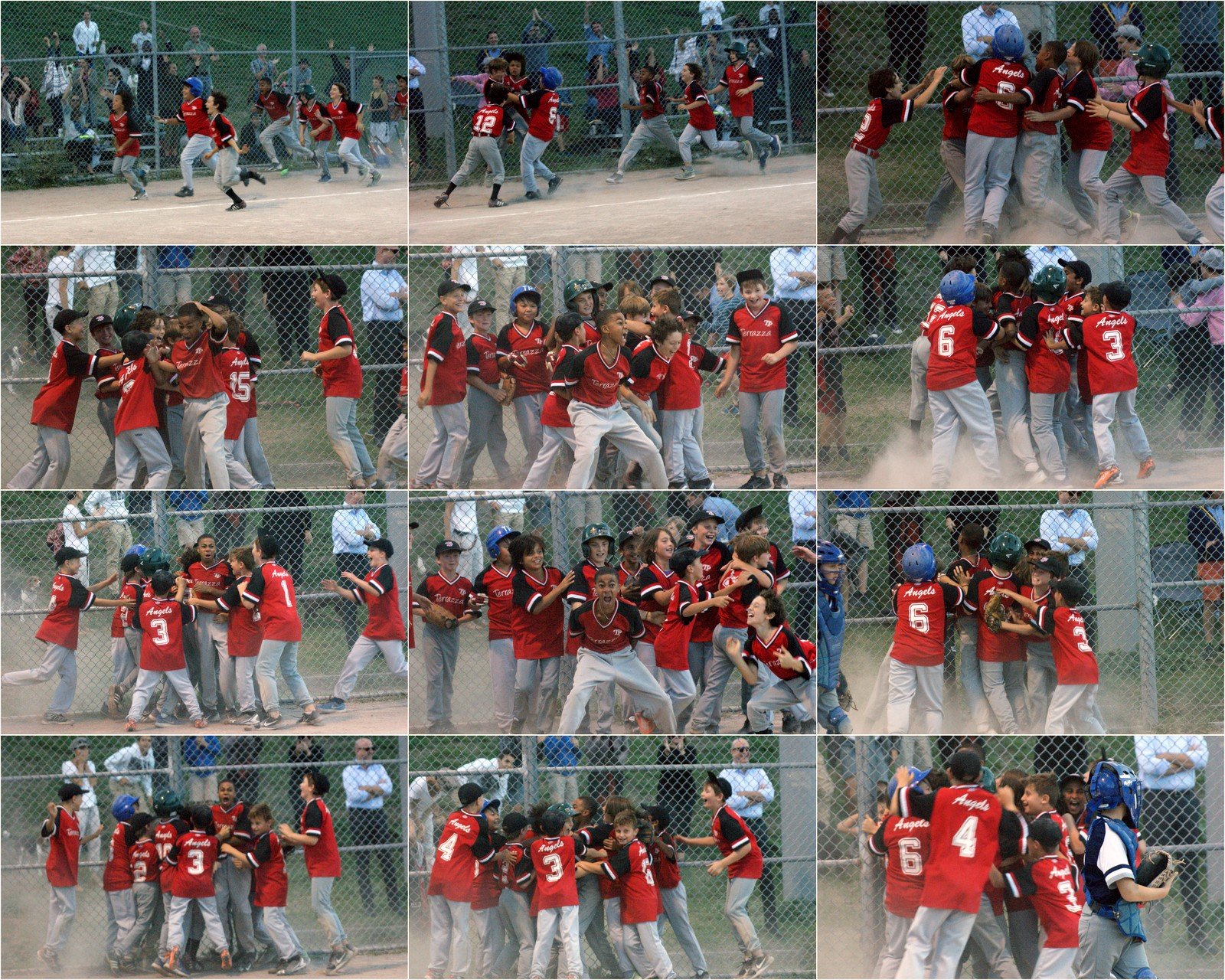 After Devon (7) came home with the winning run, the Angels rushed out onto the field to celebrate their Mosquito Division Championship Game victory at Christie Pits Diamond 2.